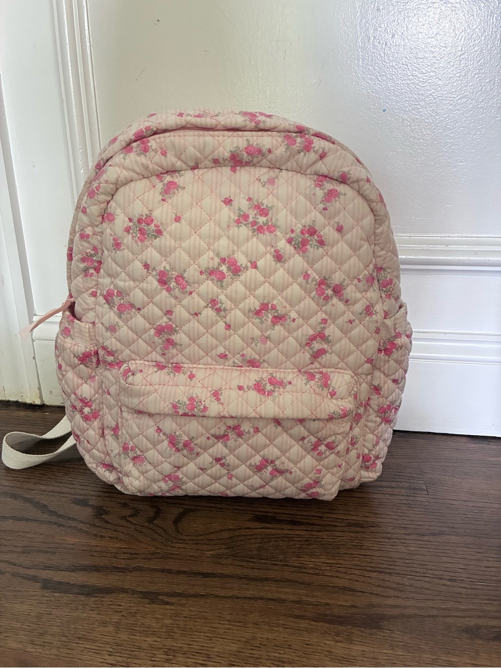 Tilly's Quilted Cream Backpack with Pink Floral Accents